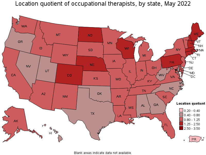 Map of location quotient of occupational therapists by state, May 2022