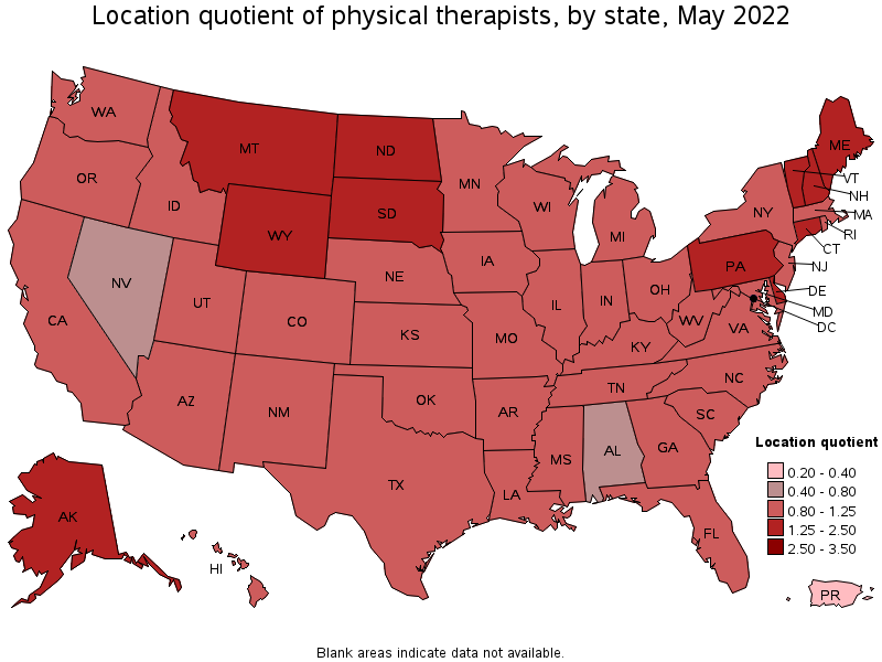 Map of location quotient of physical therapists by state, May 2022