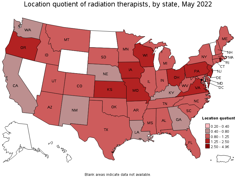 Map of location quotient of radiation therapists by state, May 2022