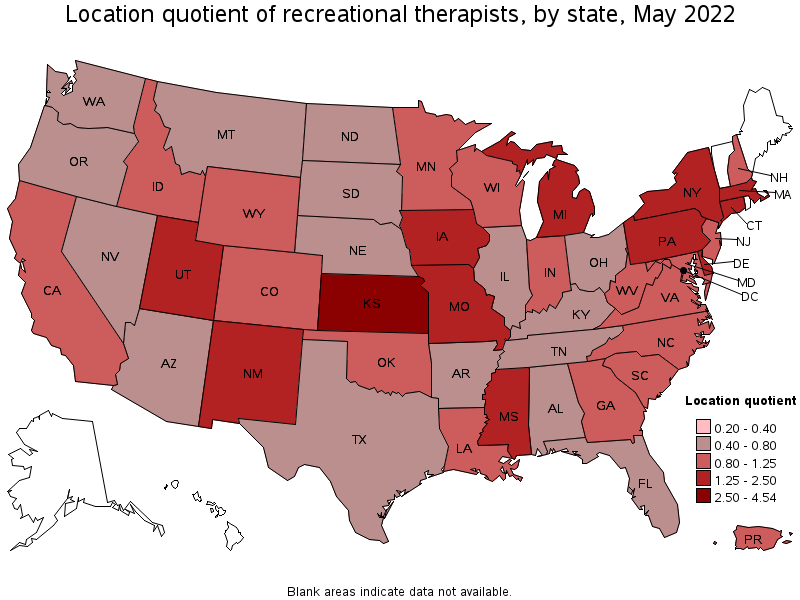 Map of location quotient of recreational therapists by state, May 2022