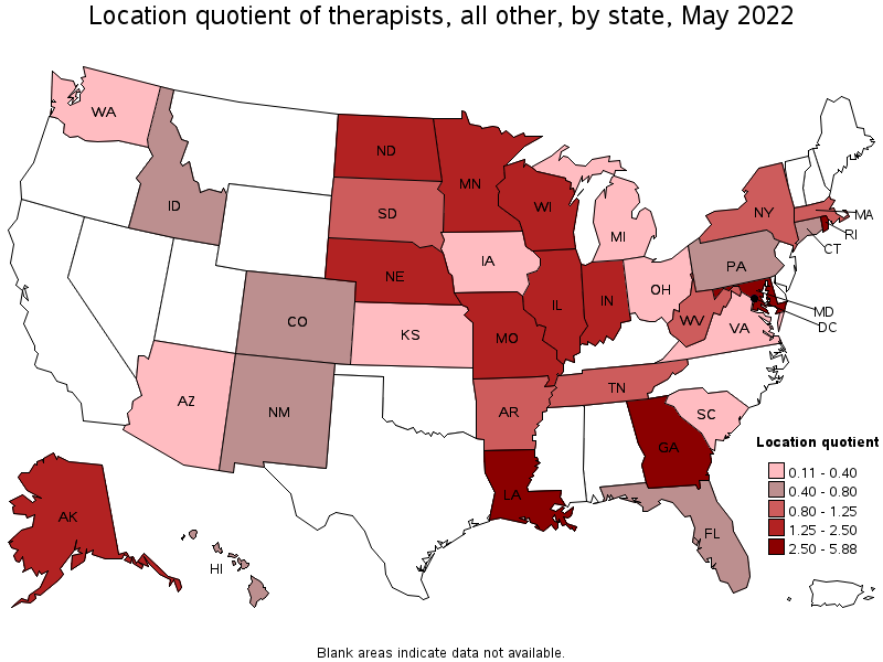 Map of location quotient of therapists, all other by state, May 2022