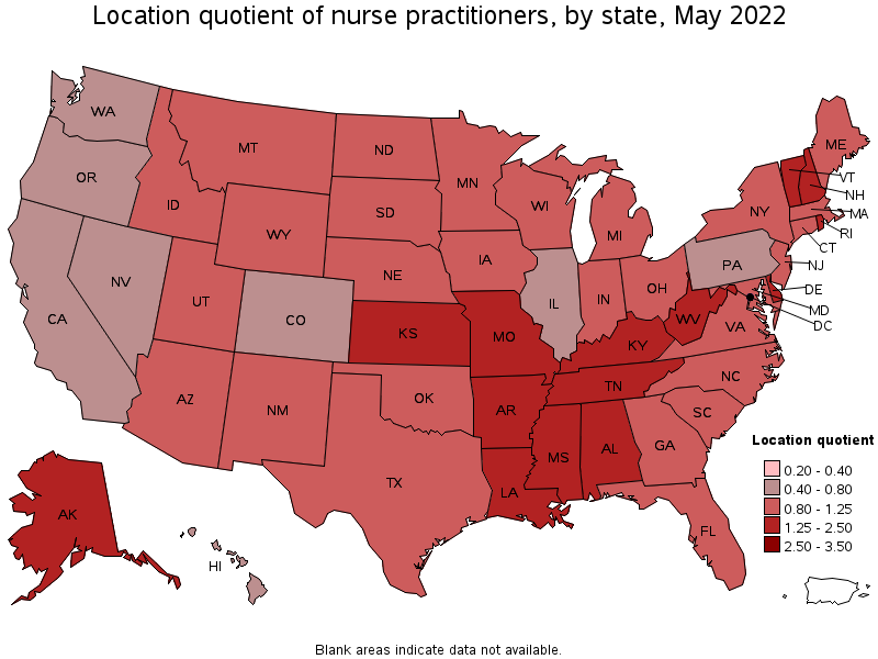 Map of location quotient of nurse practitioners by state, May 2022