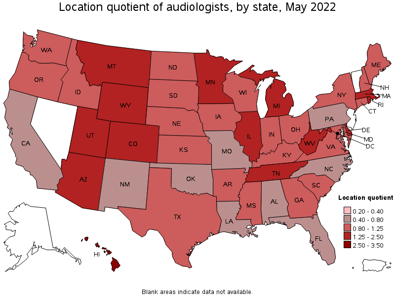 Map of location quotient of audiologists by state, May 2022