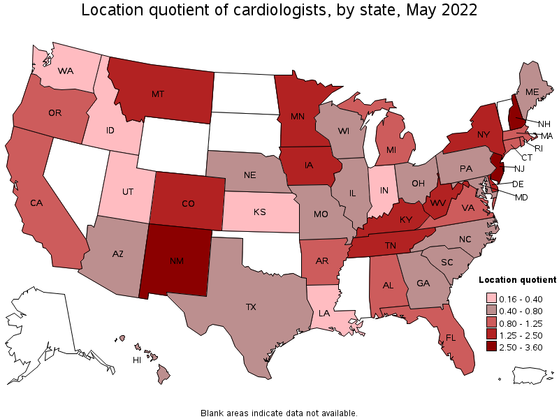 Map of location quotient of cardiologists by state, May 2022
