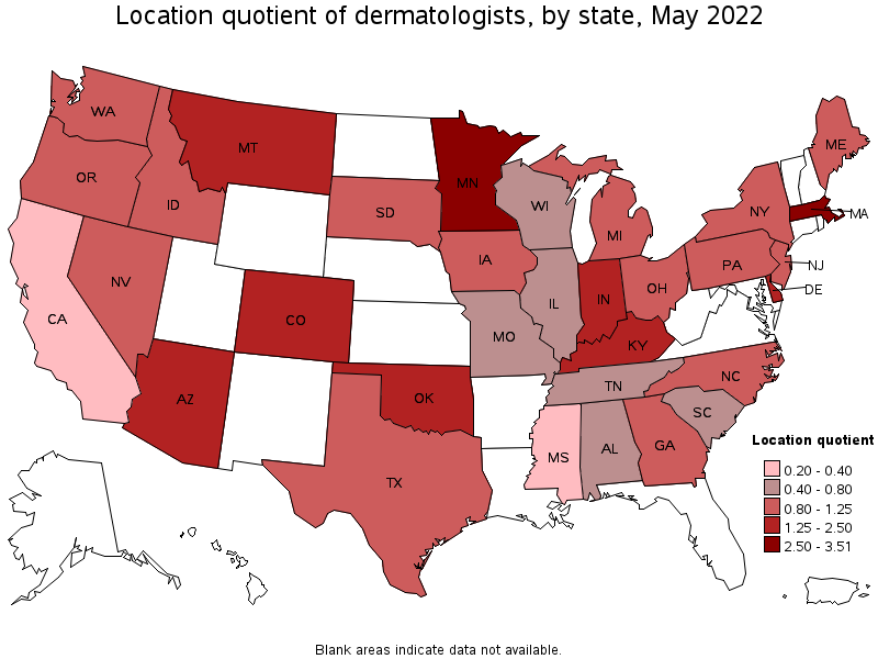 Map of location quotient of dermatologists by state, May 2022