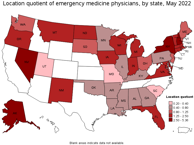 Map of location quotient of emergency medicine physicians by state, May 2022