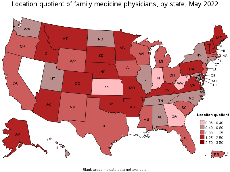 Map of location quotient of family medicine physicians by state, May 2022