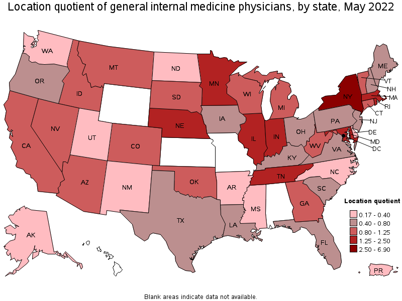 Map of location quotient of general internal medicine physicians by state, May 2022