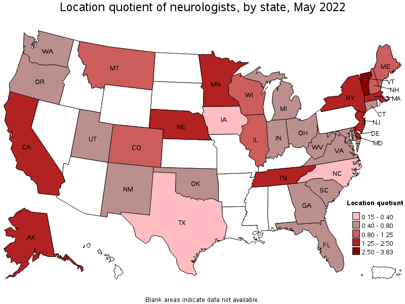 Map of location quotient of neurologists by state, May 2022