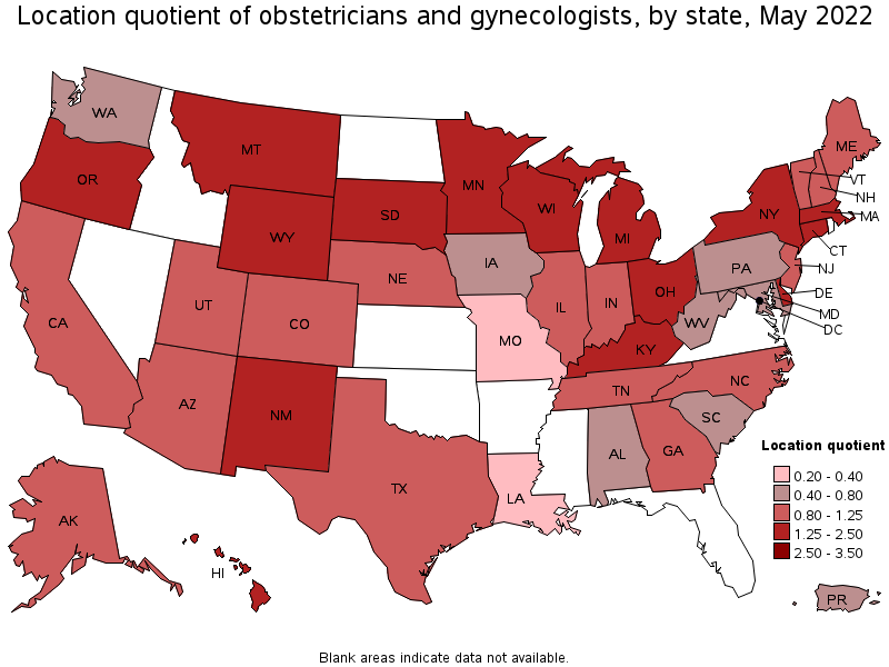 Map of location quotient of obstetricians and gynecologists by state, May 2022