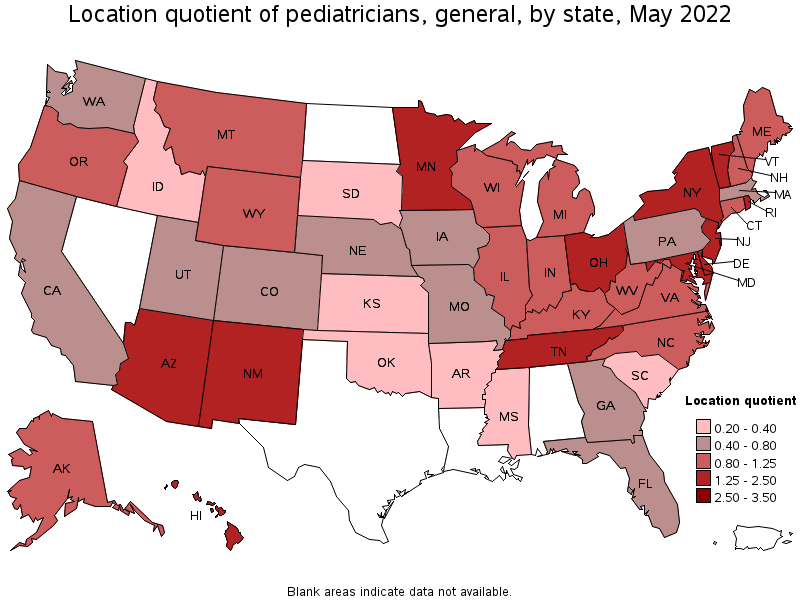 Map of location quotient of pediatricians, general by state, May 2022