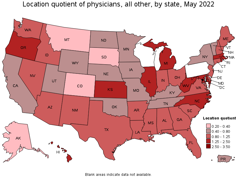 Map of location quotient of physicians, all other by state, May 2022