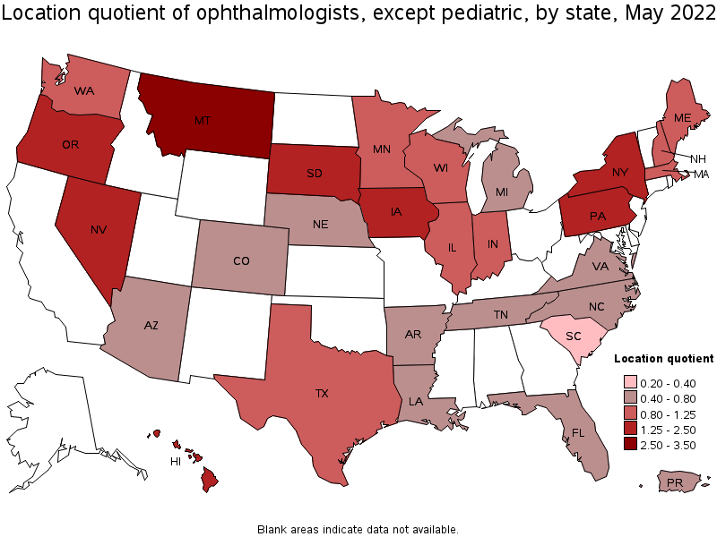 Map of location quotient of ophthalmologists, except pediatric by state, May 2022