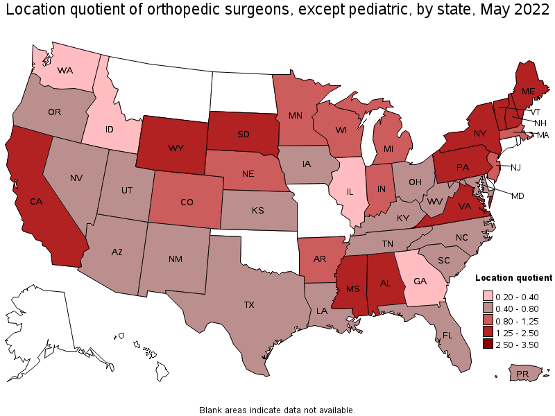Map of location quotient of orthopedic surgeons, except pediatric by state, May 2022