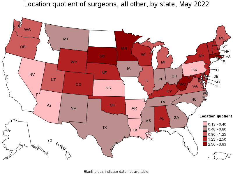 Map of location quotient of surgeons, all other by state, May 2022