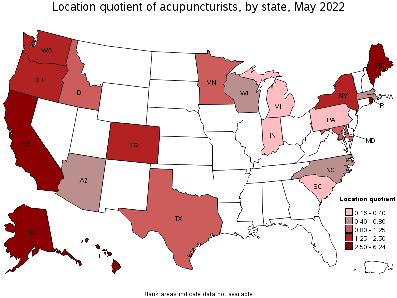 Map of location quotient of acupuncturists by state, May 2022