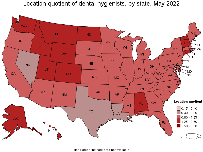 Map of location quotient of dental hygienists by state, May 2022