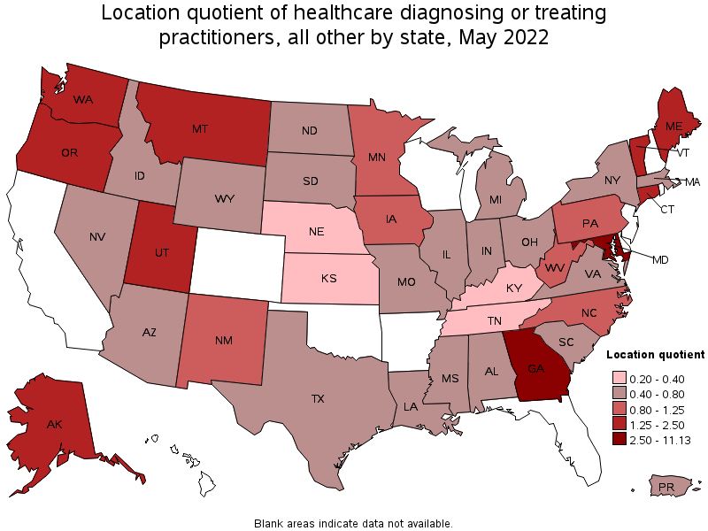 Map of location quotient of healthcare diagnosing or treating practitioners, all other by state, May 2022
