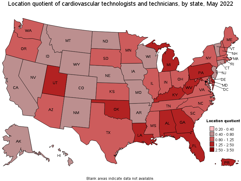 Map of location quotient of cardiovascular technologists and technicians by state, May 2022