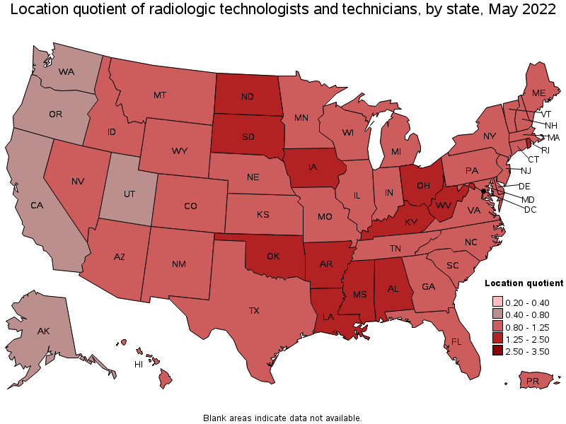 Map of location quotient of radiologic technologists and technicians by state, May 2022