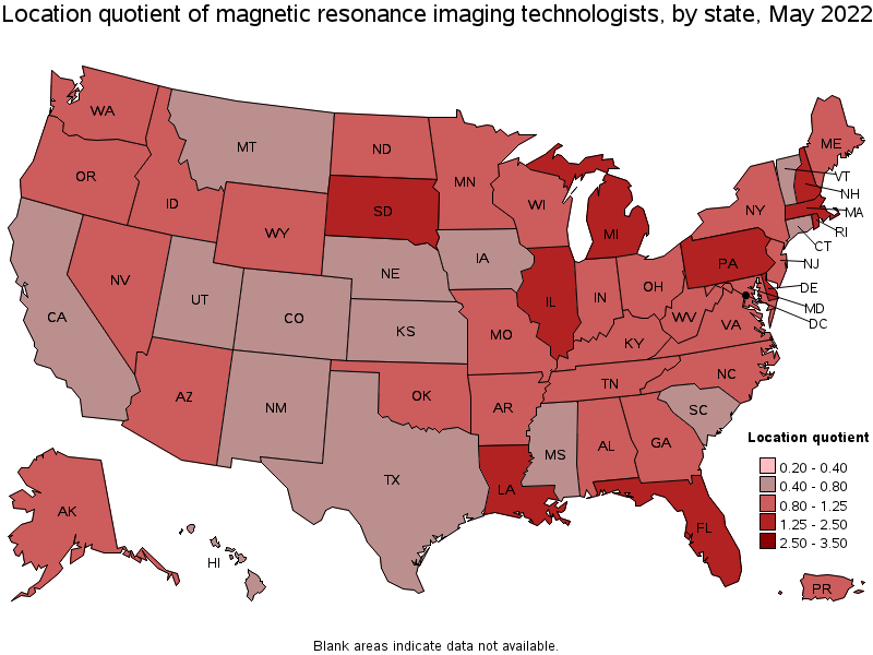 Map of location quotient of magnetic resonance imaging technologists by state, May 2022