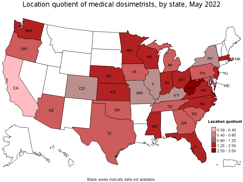 Map of location quotient of medical dosimetrists by state, May 2022