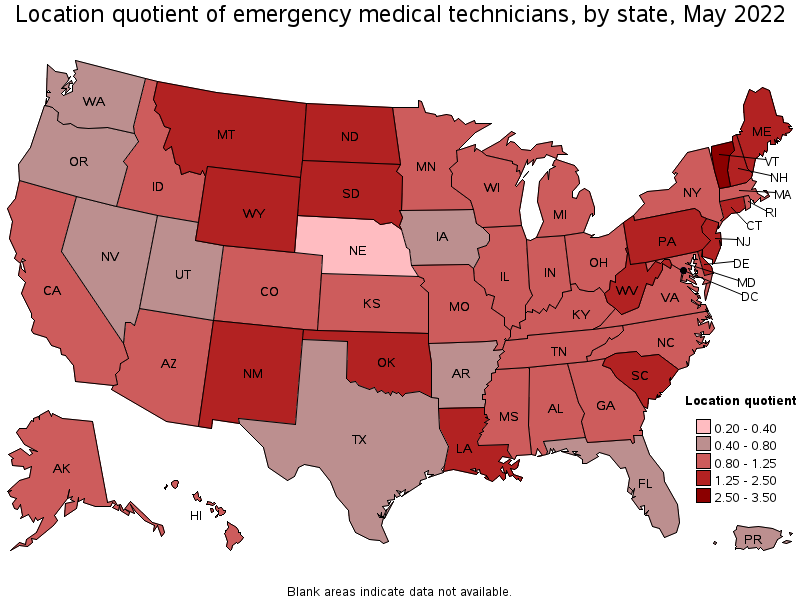 Map of location quotient of emergency medical technicians by state, May 2022