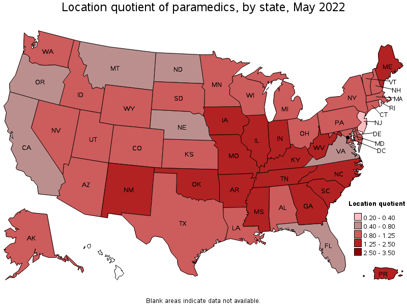Map of location quotient of paramedics by state, May 2022
