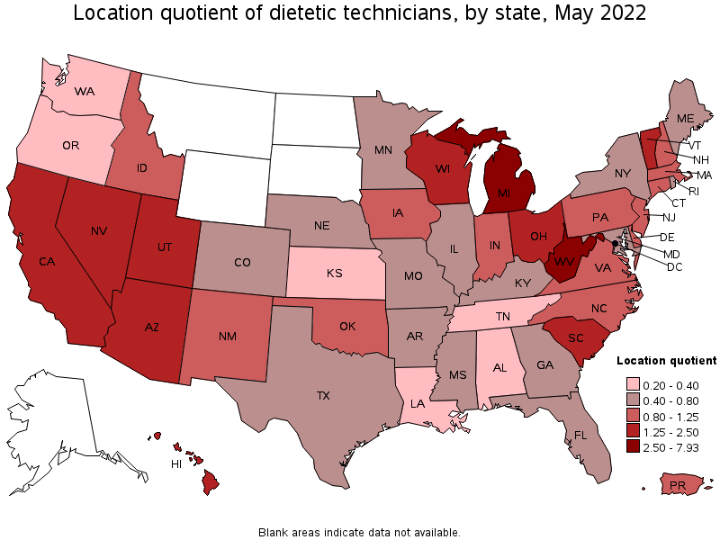 Map of location quotient of dietetic technicians by state, May 2022