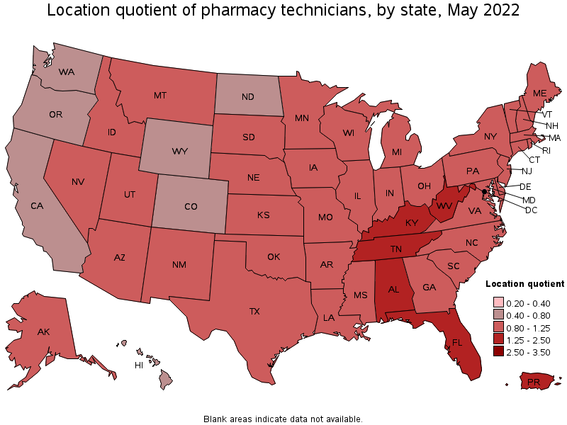Map of location quotient of pharmacy technicians by state, May 2022