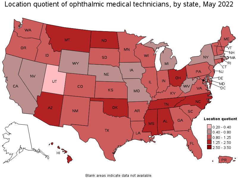 Map of location quotient of ophthalmic medical technicians by state, May 2022
