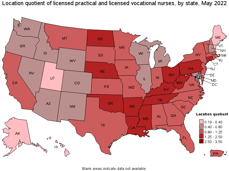Map of location quotient of licensed practical and licensed vocational nurses by state, May 2022