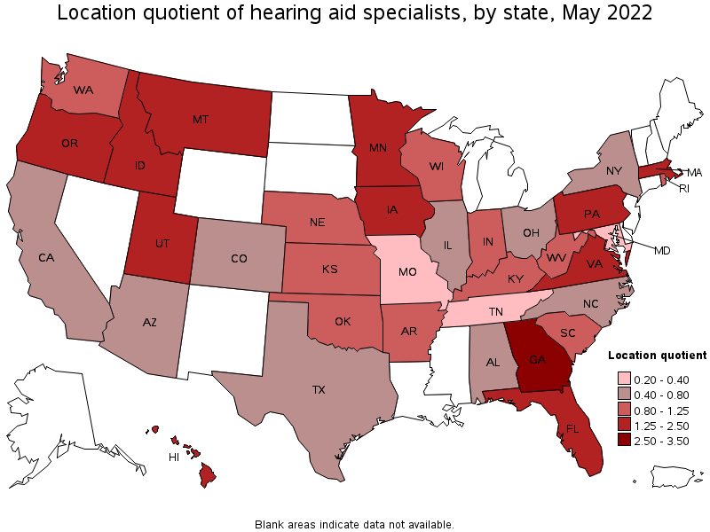 Map of location quotient of hearing aid specialists by state, May 2022
