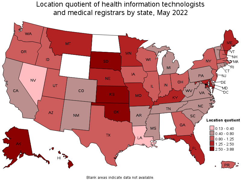 Map of location quotient of health information technologists and medical registrars by state, May 2022
