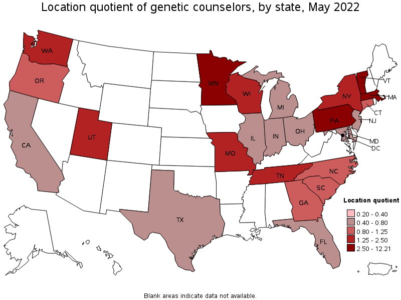 Map of location quotient of genetic counselors by state, May 2022
