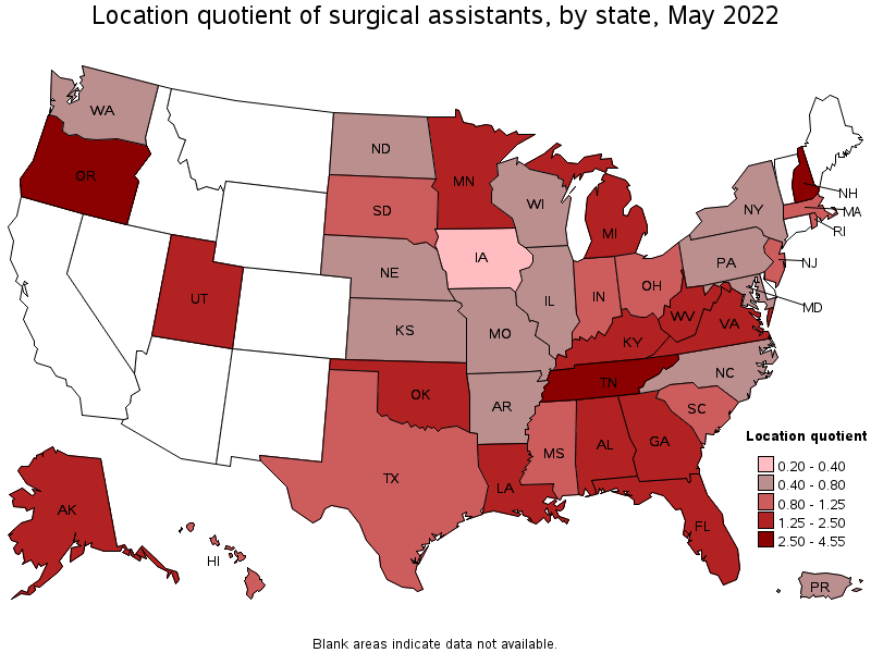 Map of location quotient of surgical assistants by state, May 2022
