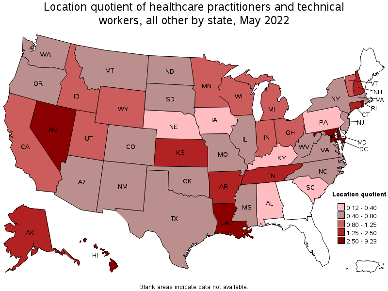Map of location quotient of healthcare practitioners and technical workers, all other by state, May 2022