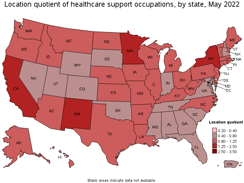 Map of location quotient of healthcare support occupations by state, May 2022