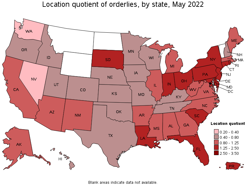 Map of location quotient of orderlies by state, May 2022