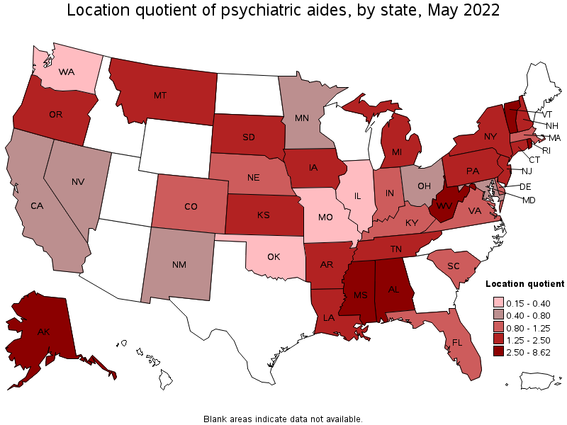Map of location quotient of psychiatric aides by state, May 2022