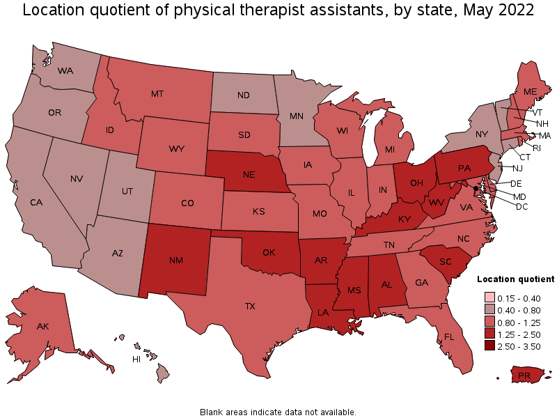 Map of location quotient of physical therapist assistants by state, May 2022