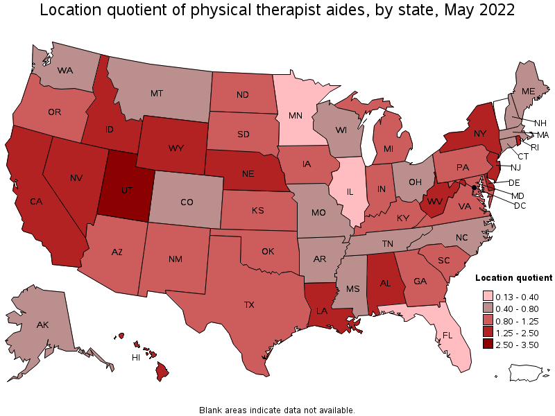 Map of location quotient of physical therapist aides by state, May 2022
