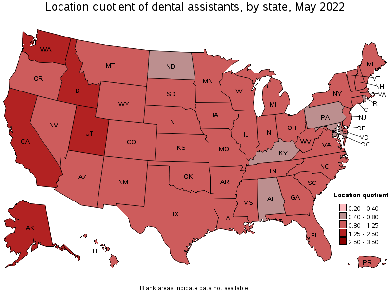 Map of location quotient of dental assistants by state, May 2022