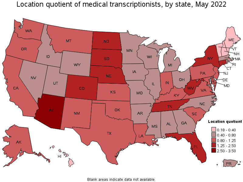 Map of location quotient of medical transcriptionists by state, May 2022