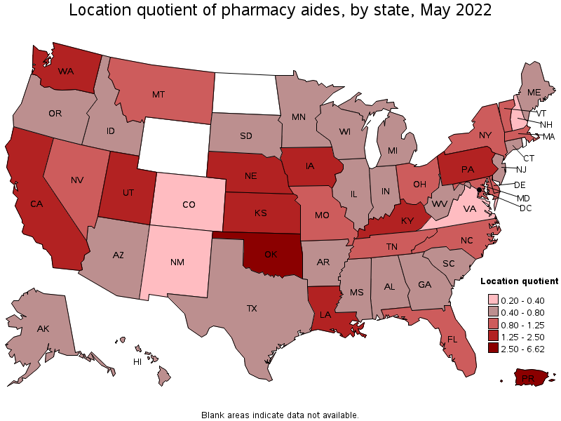 Map of location quotient of pharmacy aides by state, May 2022