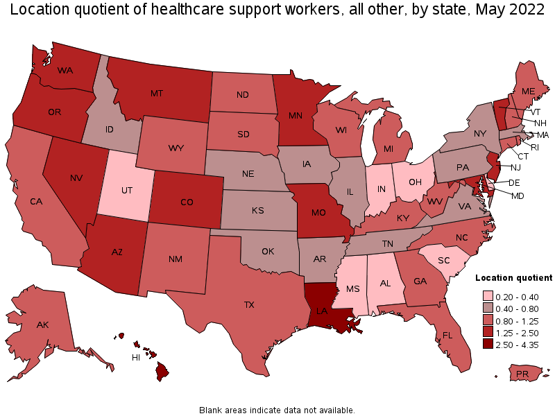 Map of location quotient of healthcare support workers, all other by state, May 2022