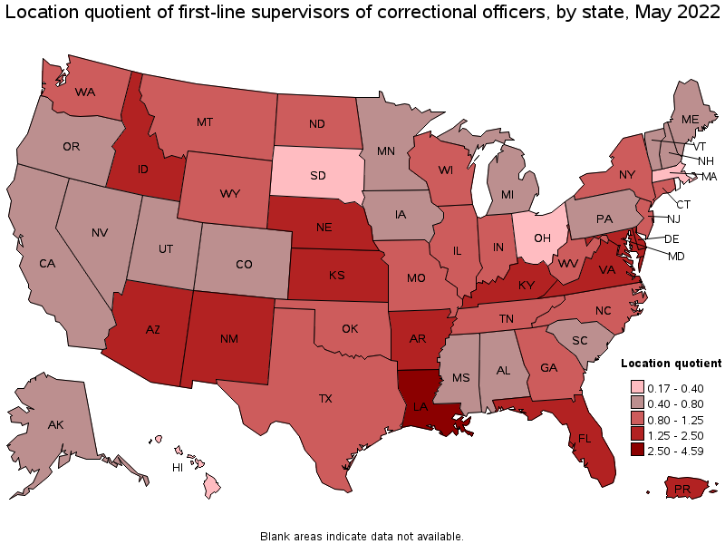Map of location quotient of first-line supervisors of correctional officers by state, May 2022