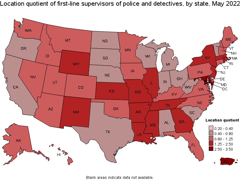 Map of location quotient of first-line supervisors of police and detectives by state, May 2022