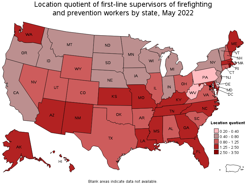 Map of location quotient of first-line supervisors of firefighting and prevention workers by state, May 2022