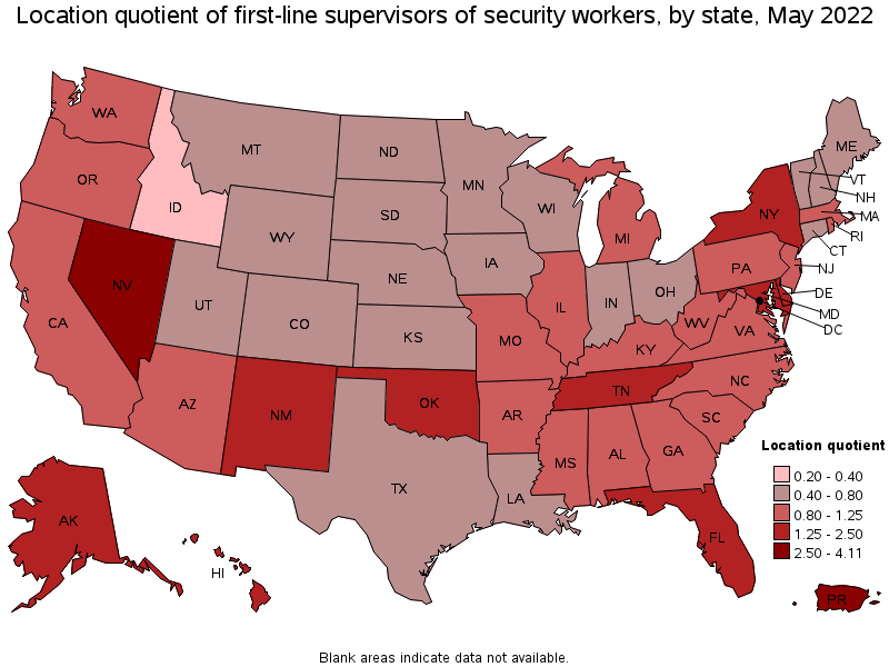 Map of location quotient of first-line supervisors of security workers by state, May 2022